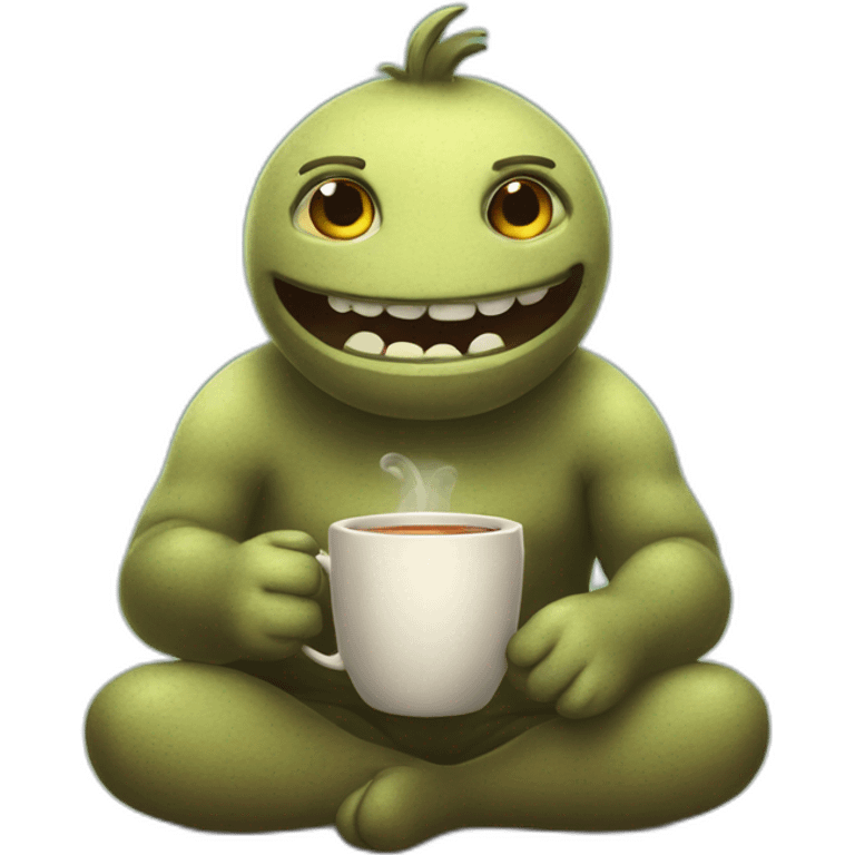 A cartoony creature sitting on floor with a cup of tea motioning  and beckoning the viewer to sit next to him emoji