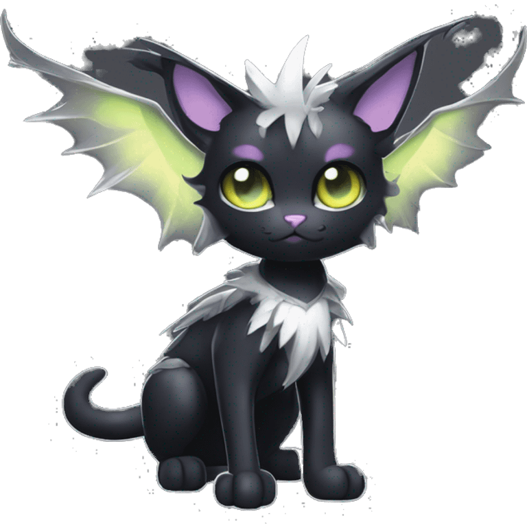 Shiny Cool Punk Black beautiful fantasy Kawaii Ethereal Sona Fakemon-cat-animal with edgy bat-wings-ears Full Body emoji