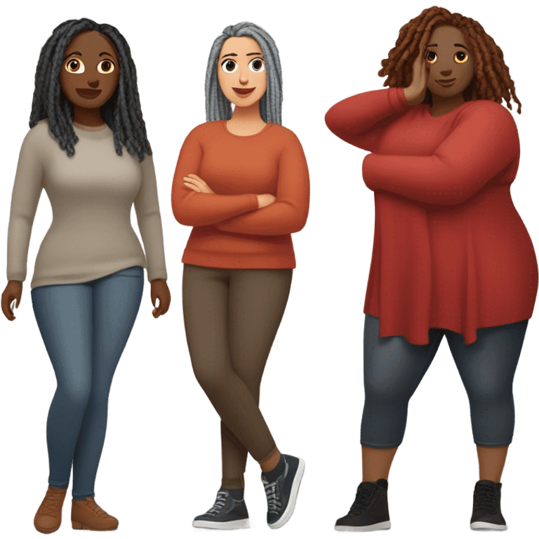 Curvy woman with gray locs wearing pants , other curvy woman is brown with red locs in a knee-length dress with a cozy sweater, shopping in yardsale emoji