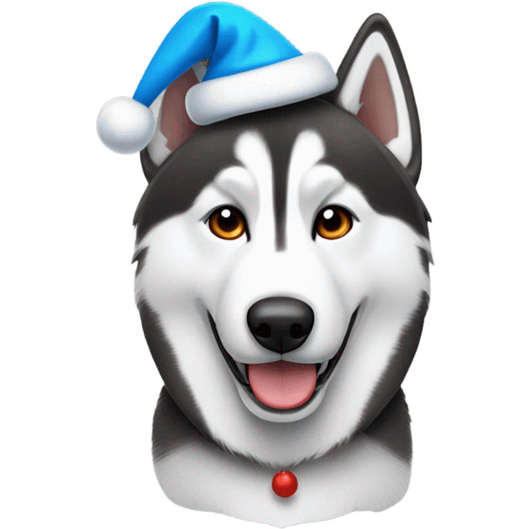 Husky wearing Santa hat with one brown and one blue eye emoji