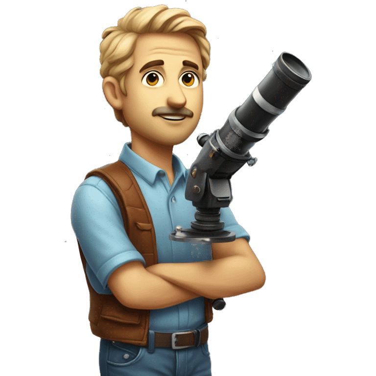 astronomer with a telescope and in his shirt printed as "ASTRONOMERS CLUB" emoji