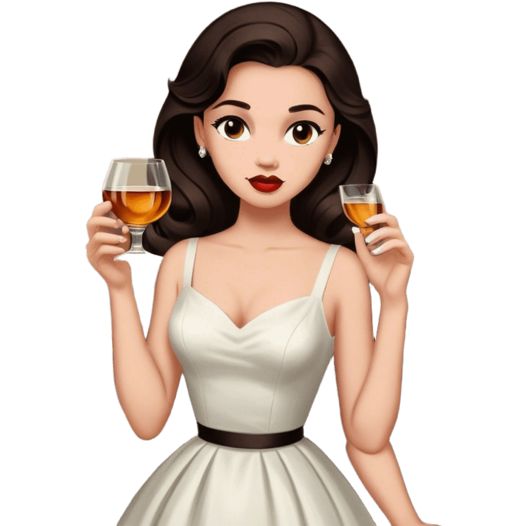 Beautiful woman in 1950’s woman fashion look, white dress, long dark brown hair, whisky emoji