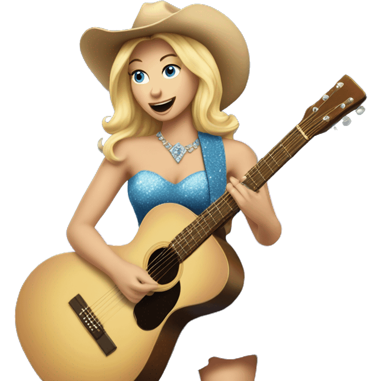 Blonde woman in cowboy boots and dress playing guitar and singing blue sparkly  emoji