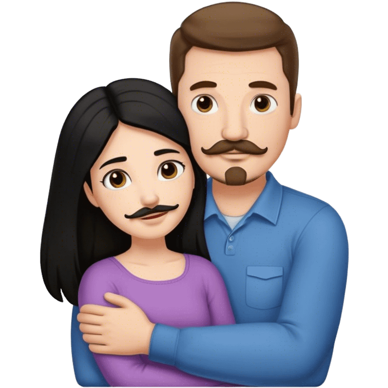 Couple, Tall strong white man with brown hair mustache and goatee, hugging small pale woman long with black hair emoji