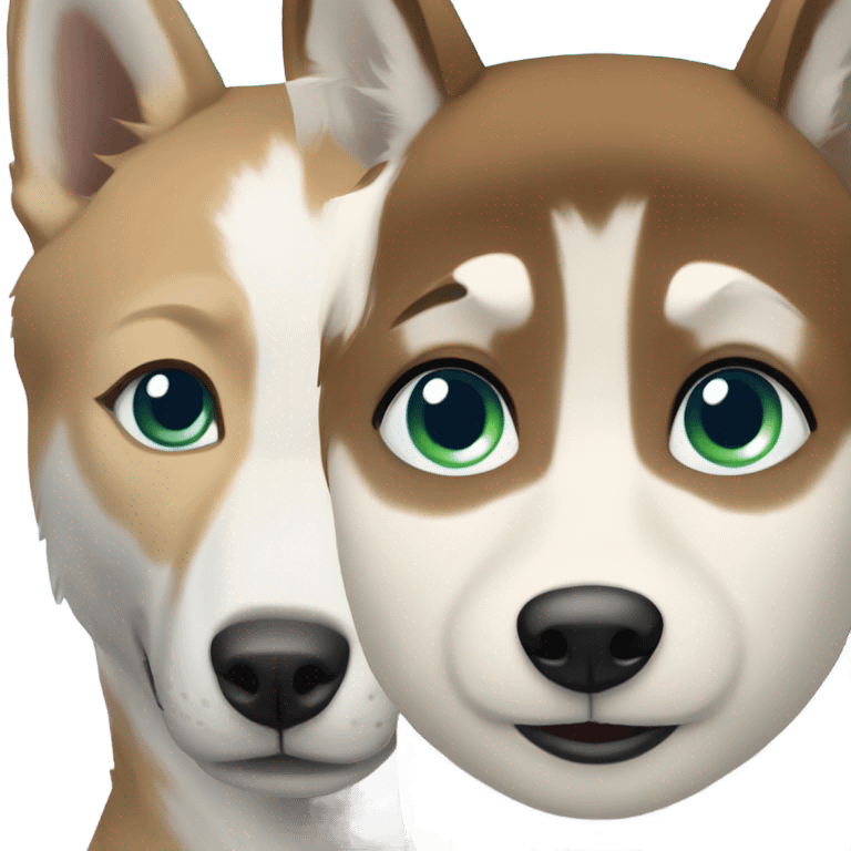 White Woman hair brown and bleus eyes and golden Husky With green eyes emoji