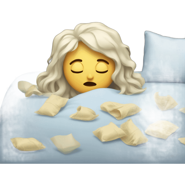 A sick woman lying in bed emoji