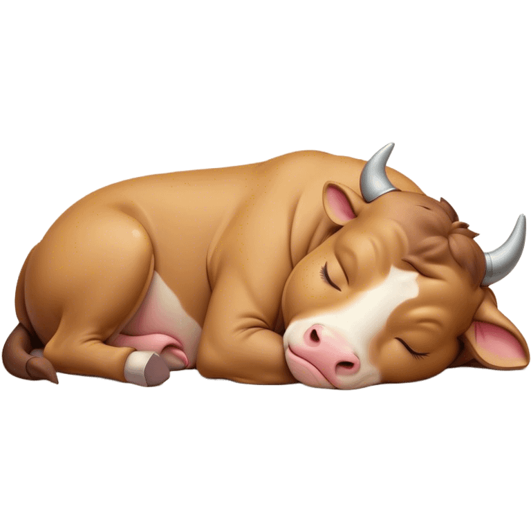 Meme-Worthy Cute Sleeping Domestic Bull Portrait Emoji, Head resting peacefully with a contented smile, showcasing a robust, muscular build and a luxuriously soft coat, eyes gently closed in serene, restful slumber, Simplified yet hilariously adorable features, highly detailed, glowing with a soft, drowsy natural light, high shine, relaxed and utterly lovable, stylized with an air of playful laziness, soft glowing outline, capturing the essence of a sleeping domestic bull that feels destined to become the next viral sensation of adorable rest! emoji