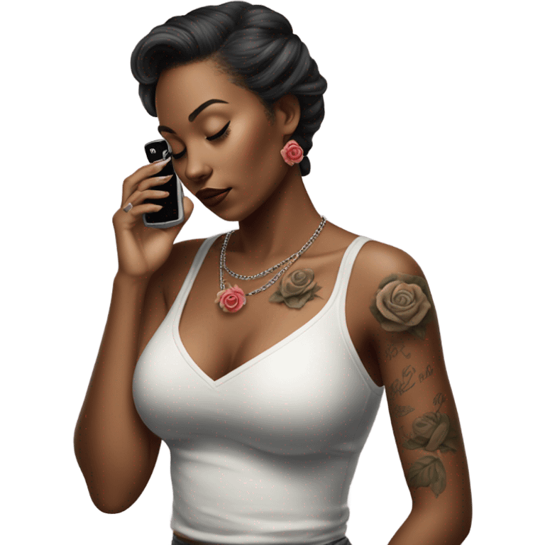 Hyper Realistic beautiful woman model with a small rose tattoo talking on a phone  emoji