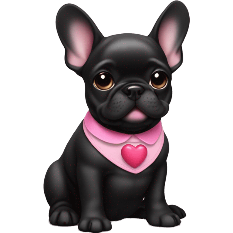 Solid black Frenchie pup with pink collar with a small heart emoji