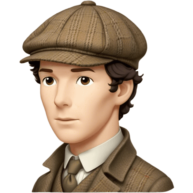 sherlock holmes benedict cumberbatch, wearing a deerstalker hat with the fabric is often tweed, which features a subtle checkered or herringbone pattern with darker and lighter threads woven together, creating texture and depth.  emoji