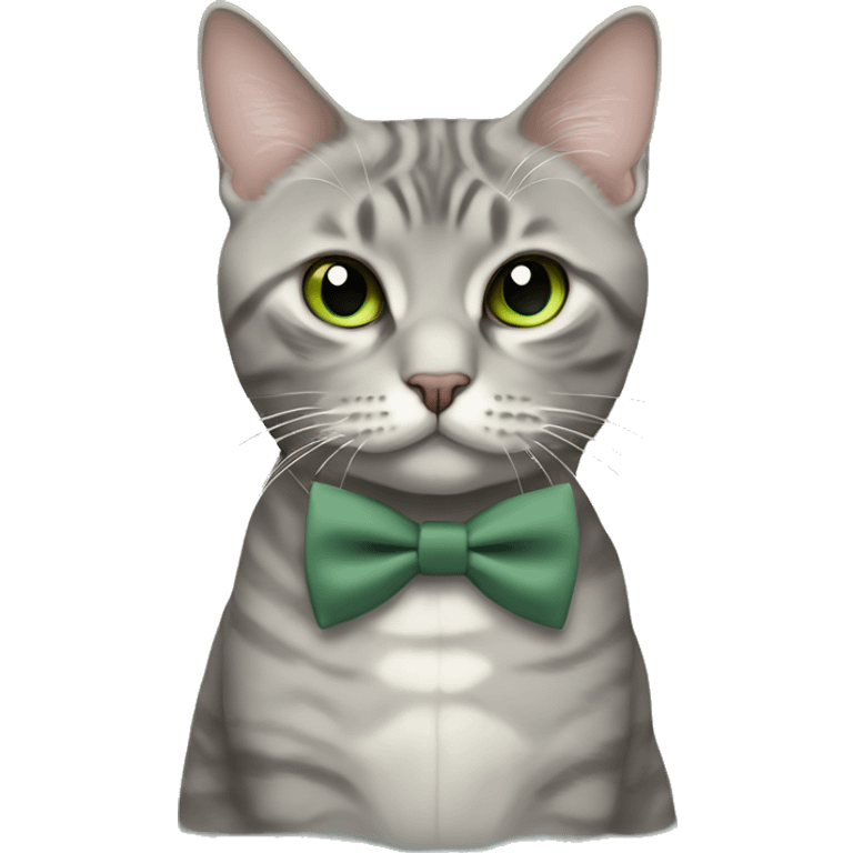 Aesthetic fat grey tabby British short hair full body cat with sage green bow tie emoji