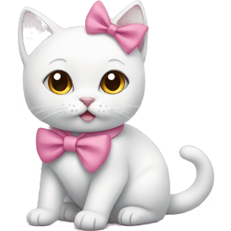 White cat is sitting wearing pink bow emoji