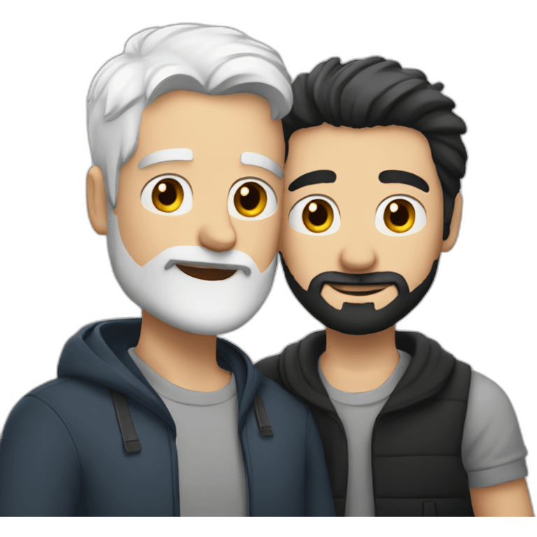 white haired guy and black haired guy with a beard hugging emoji