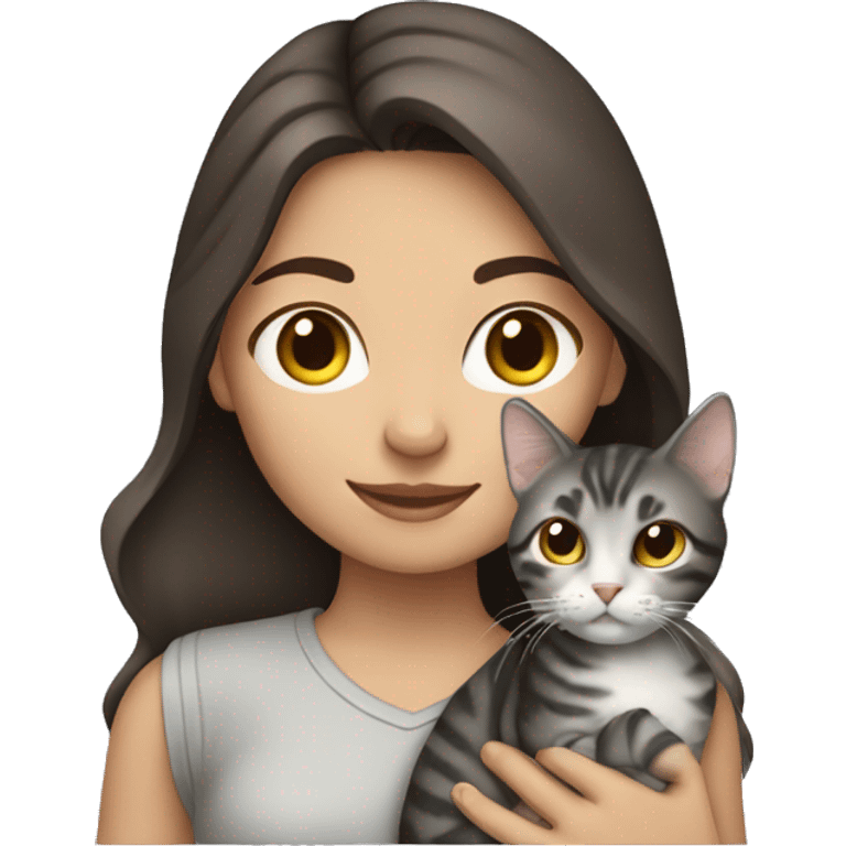 Dark brown haired girl holding gray tabby cat emoji