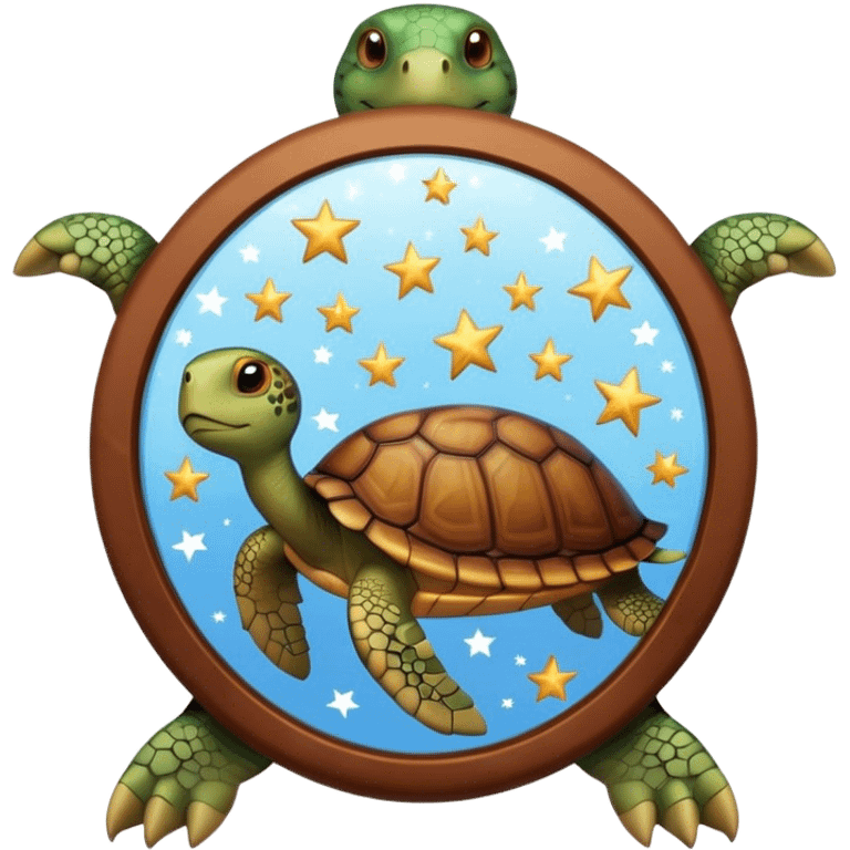 Turtle reflection in a mirror with stars emoji