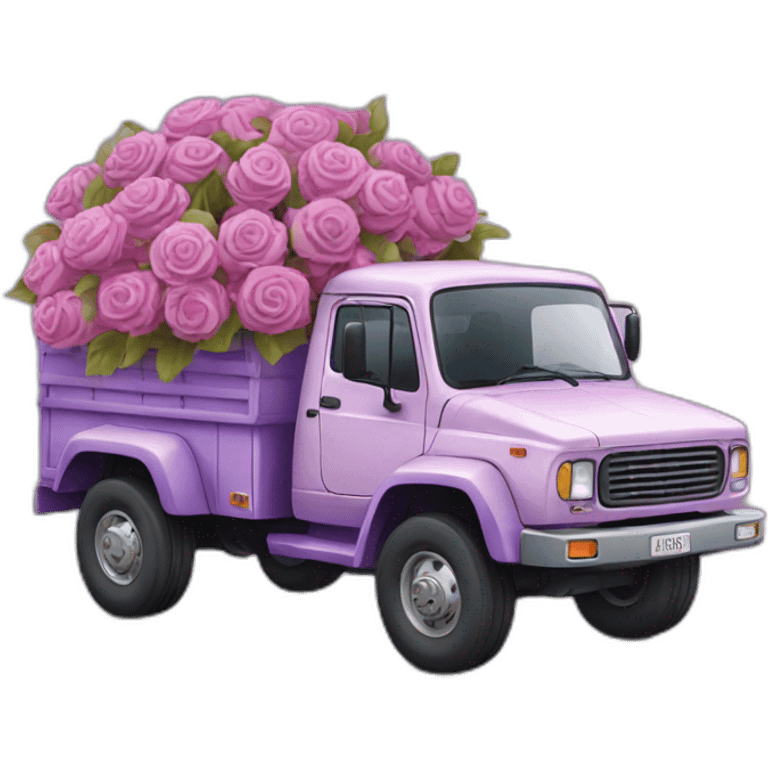 a truck with bouquets in pink and purple tones emoji