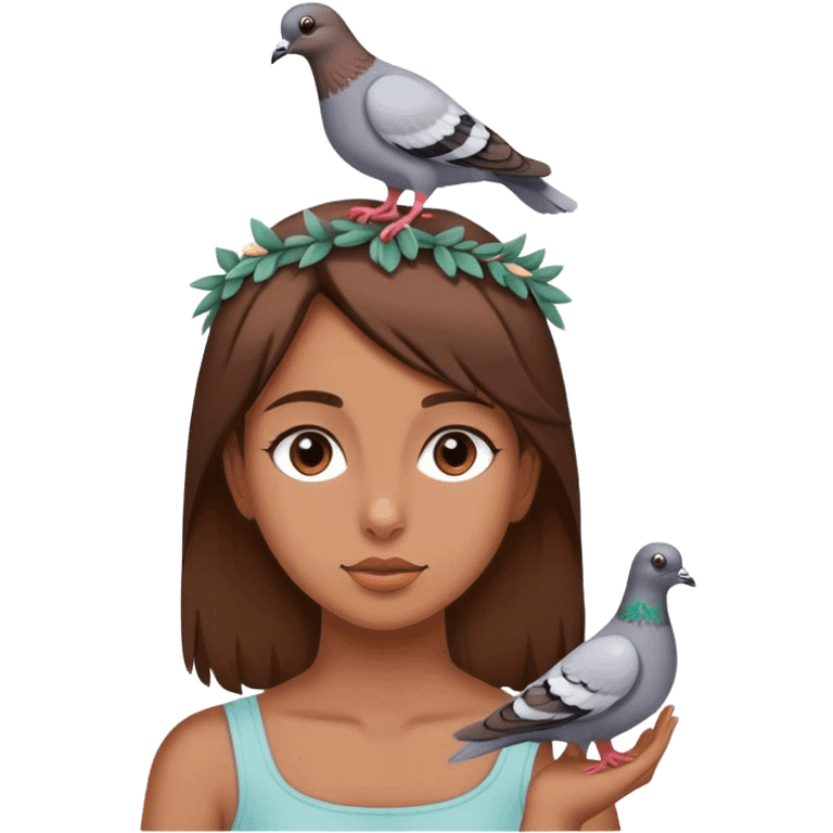 Pigeon on the head of a girl with brown hair emoji