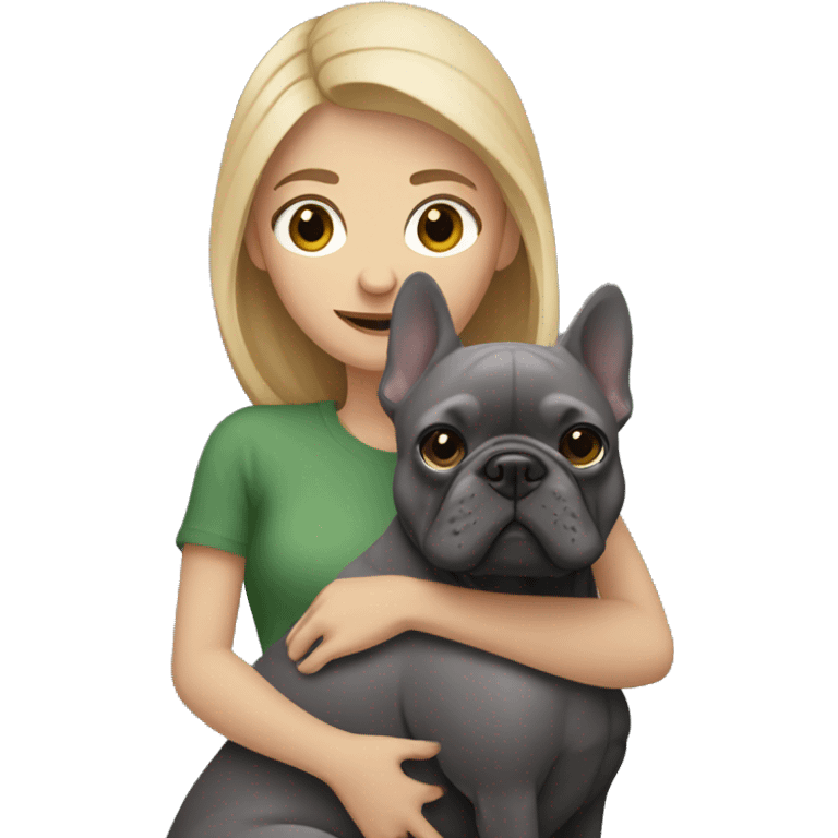 dark blonde woman hugging dark gray french bulldog emoji