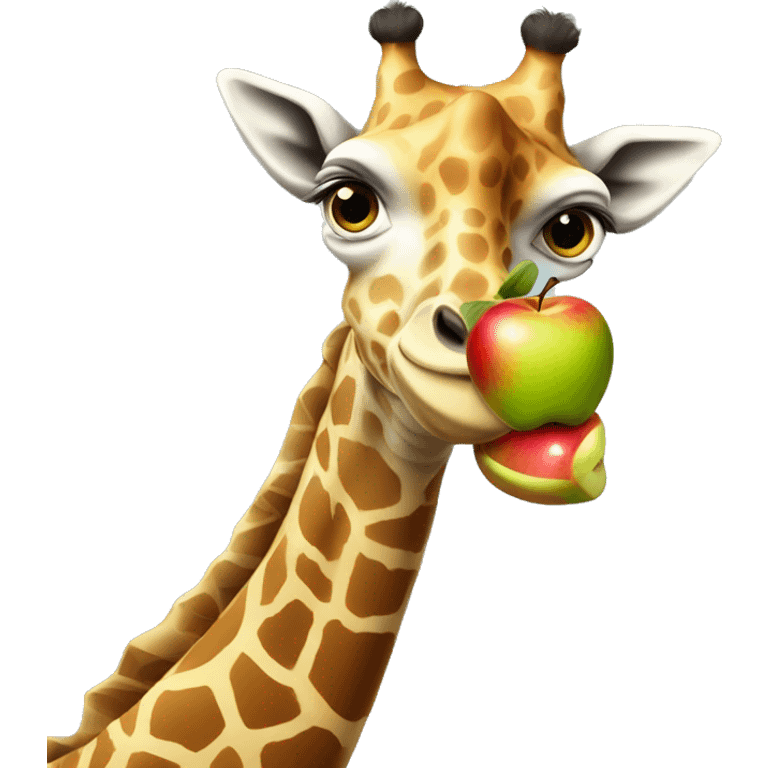 A cartoon looking Giraffe holding an apple bigger than itself emoji