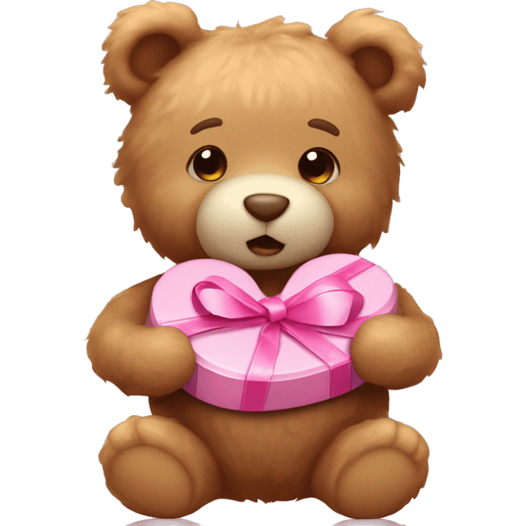 Light brown fluffy teddy bear holding a box of pink heart chocolates and has a bow on its head that’s light pink  emoji