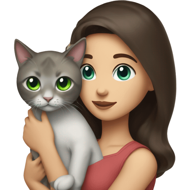 A brunette girl with green eyes holds a cat with blue eyes in her arms emoji