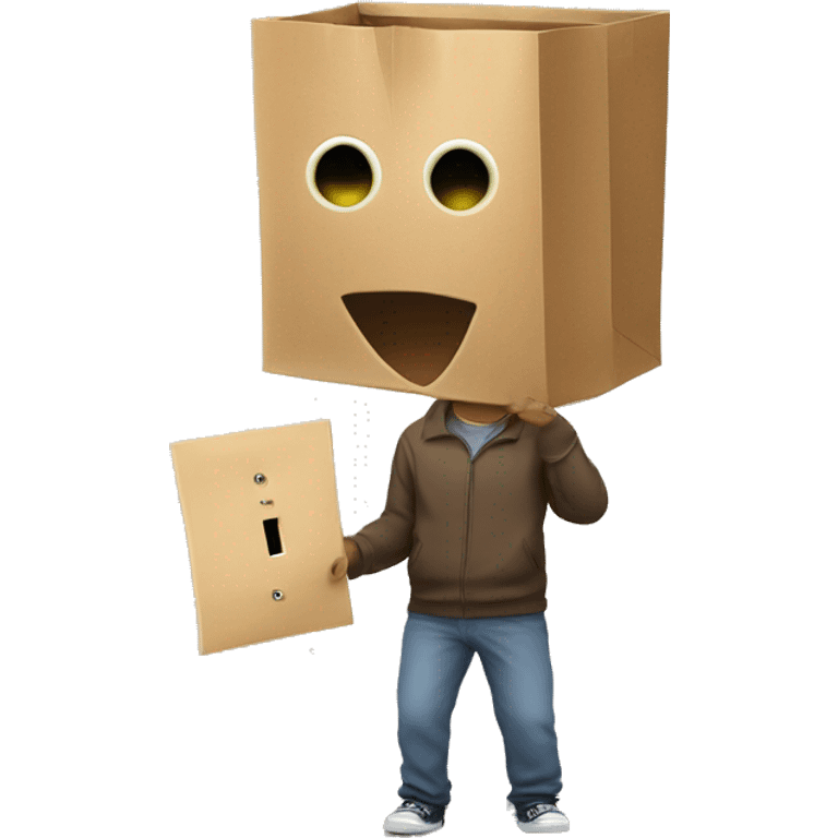  guy with a paper bag mask with eye holes on his head holding a light switch  emoji