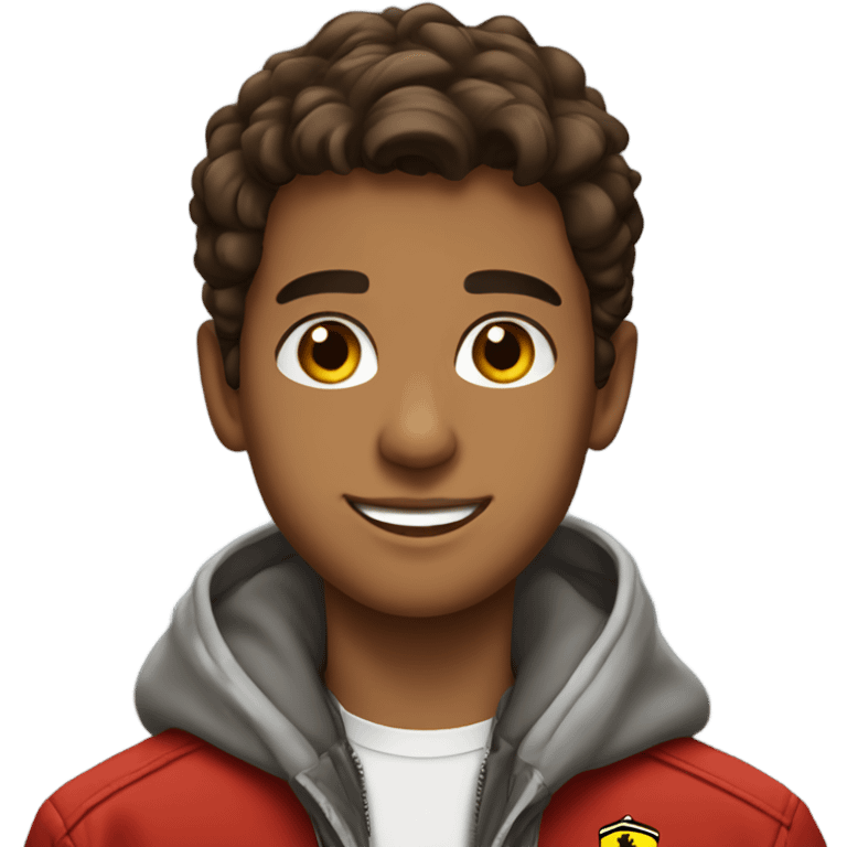 A brown Arab teenage boy smiling brown eyes with a Ferrari jacket emoji