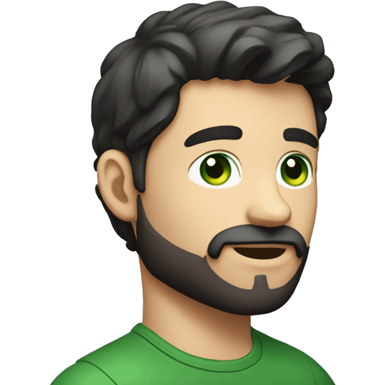 Handsome man with dark hair, gradient short hair on the side, green eyes. Talking and thin face. Black t-shirt. A little beard. emoji