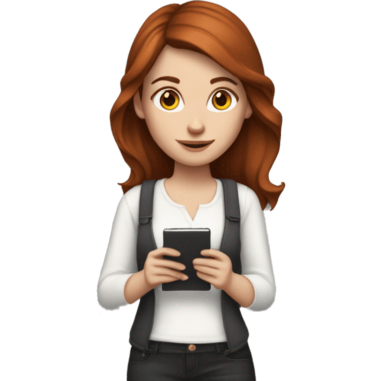 White girl with medium auburn hair holding an e-reader emoji