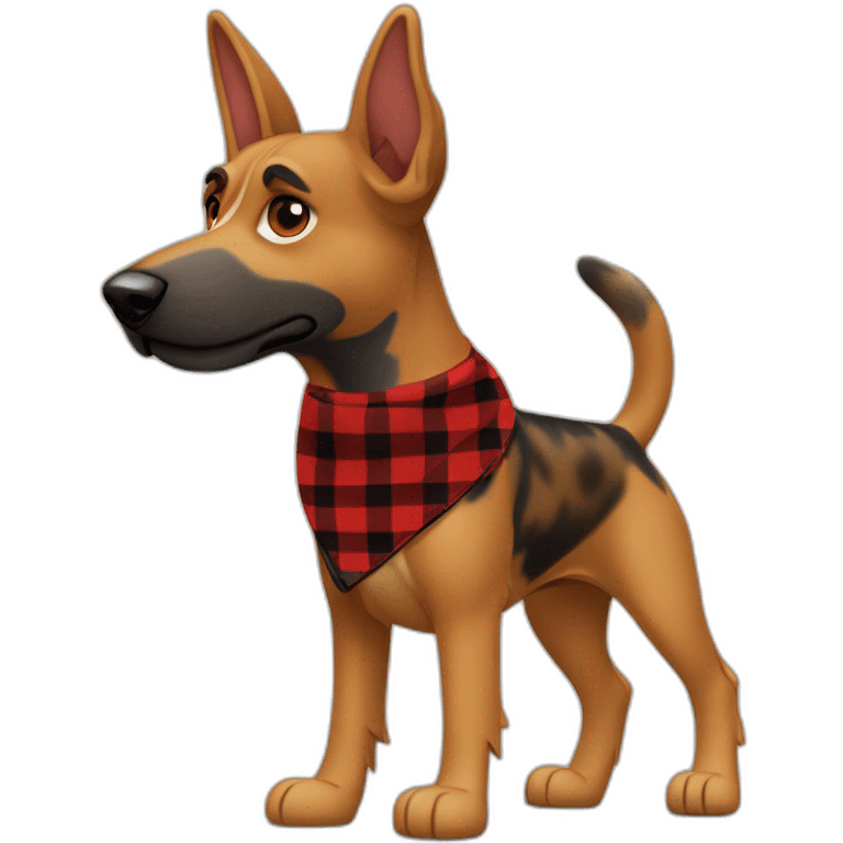 adult 75% Coonhound 25% German Shepherd mix dog with visible tail wearing small pointed red buffalo plaid bandana full body walking left quickly emoji