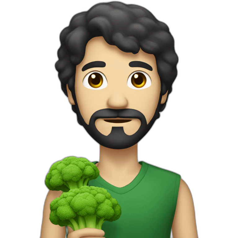 a slender mexican man with dark hair and light beard holding a broccoli emoji