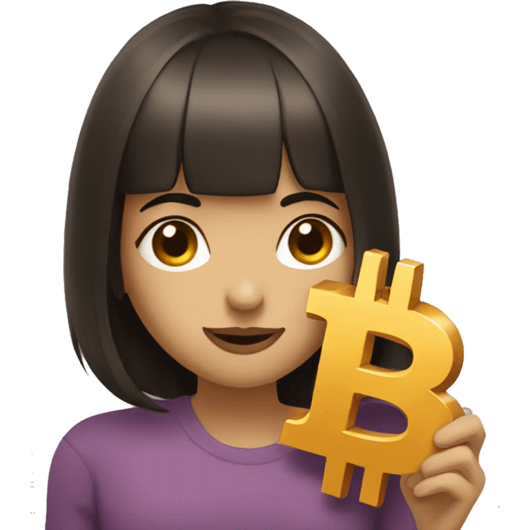 beautiful girl with dark brown hair and bangs hugging bitcoin emoji