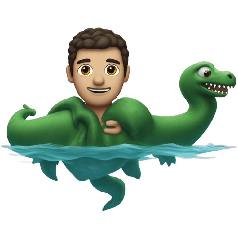 Tall brunette man swimming with Loch Ness monster  emoji