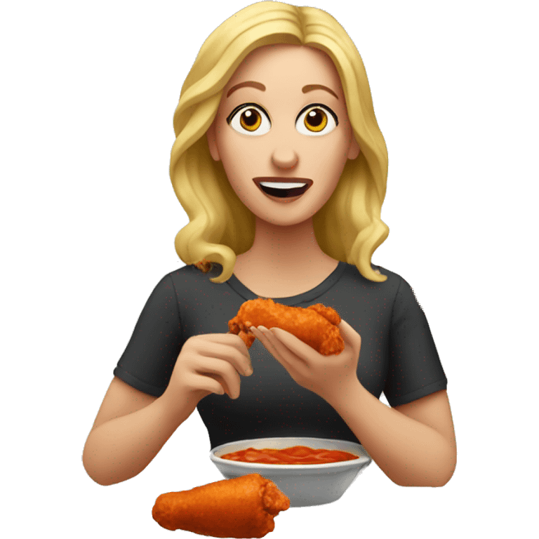 White woman eating Buffalo wings emoji