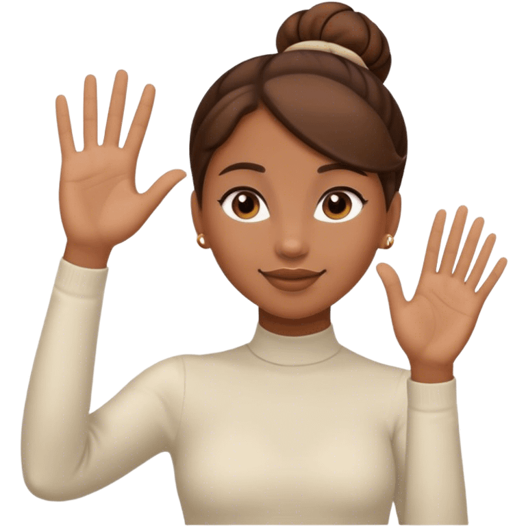 Light brown skin girl, brown hair in bun, waving goodbye emoji