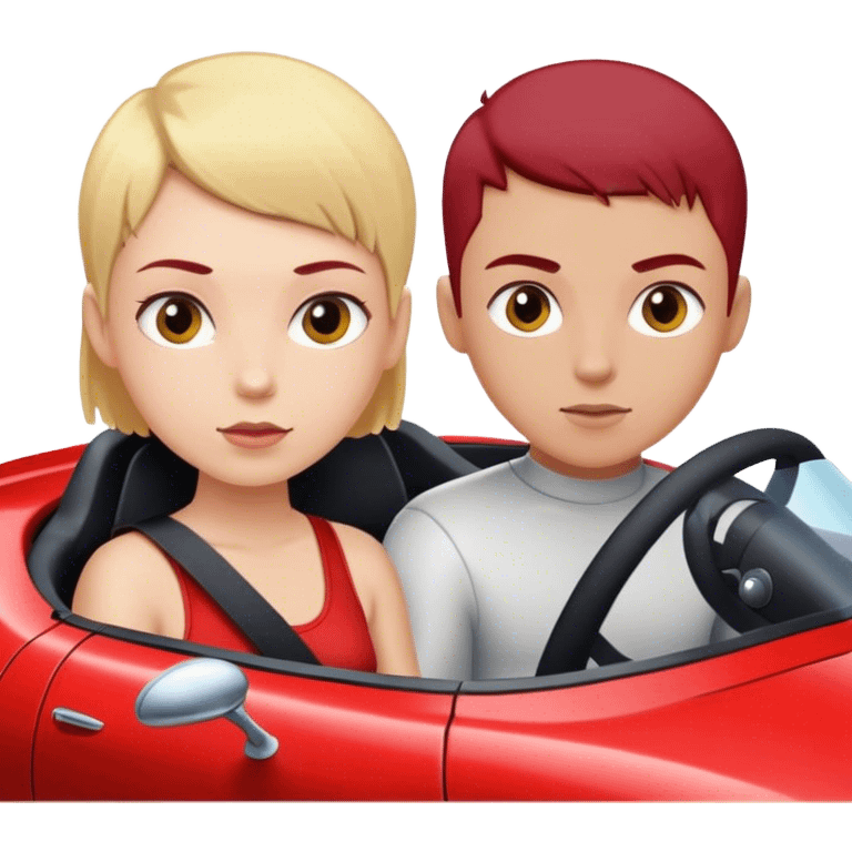 Blonde boy with a buzz cut and a girl with dark red hair in a sports car emoji