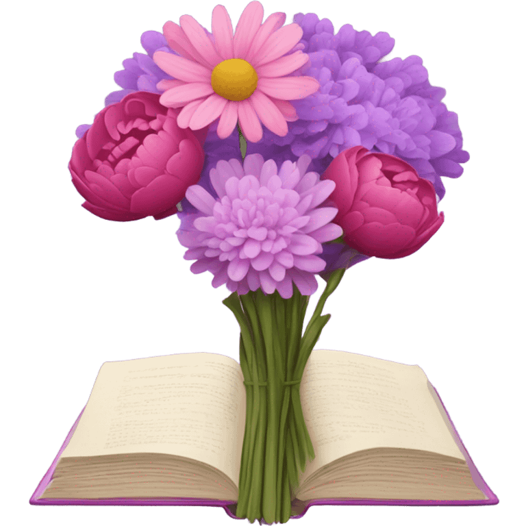 A still-life painting style: a violet book with a bouquet of pink daisies and dark pink peonies, candlelight illuminating the scene. emoji