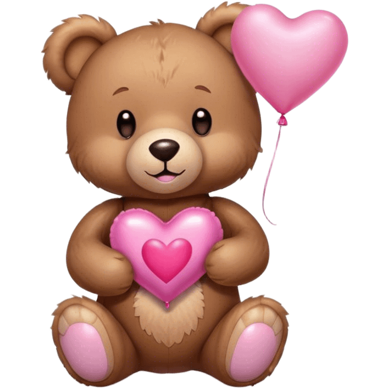 Adorable Plush brown teddy bear holding an inflatable metallic pink heart-shaped balloon in his paw and love letter of the color pink emoji