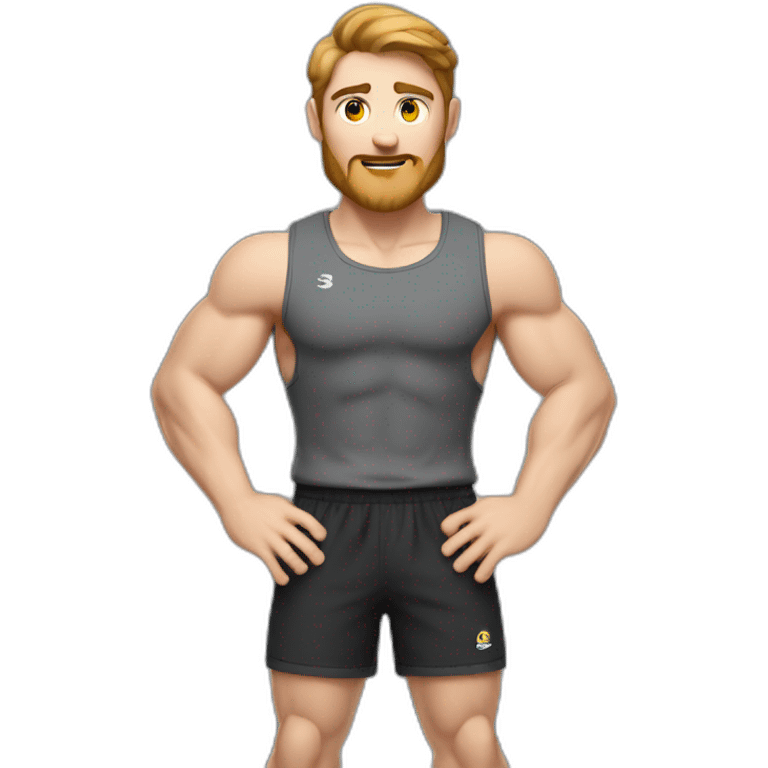 Close up Actively gesturing  with hands Pale skinned Fit Man With the biceps and brown hair in dark gray Sleeveless Mike, black oversize sports shorts, watch and white Sneakers emoji