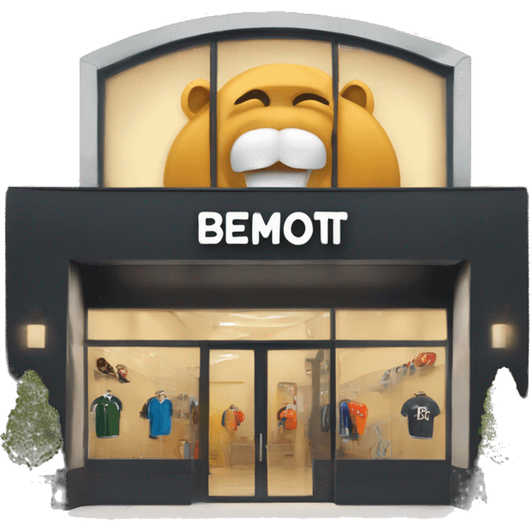 “Sports store exterior with a sleek design, large windows displaying athletic gear, bold signage, and an inviting entrance with modern doors.” emoji