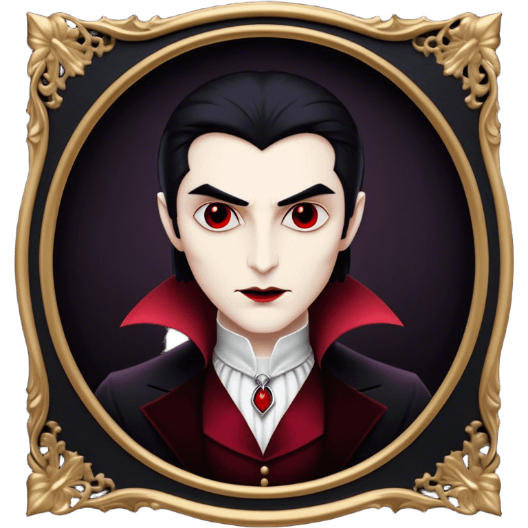 Cinematic Noble Vampire Portrait Emoji, Elegant and commanding, with a refined, pale visage framed by dark, velvet accents and a hint of crimson, exuding timeless seduction and dangerous allure, simplified yet exquisitely detailed, glowing with a soft nocturnal radiance and a subtle, mysterious outline that captures the regal spirit of an immortal lord of the night! emoji