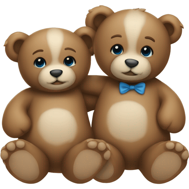 Two teddy bears cuddling one has blue eyes the other one has green eyes emoji