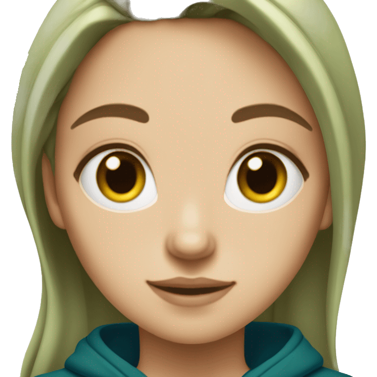 white girl with long wavy dark blue middle parted hair wearing green hoodie emoji