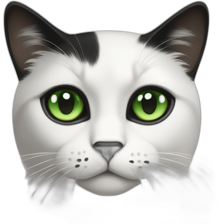 Black white cat with green eyes and black spot on her nose and grumpy face emoji