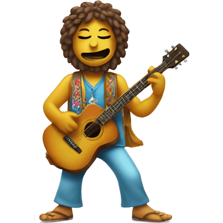 anthropomorphic hippie guitar, showing a sign of peace emoji