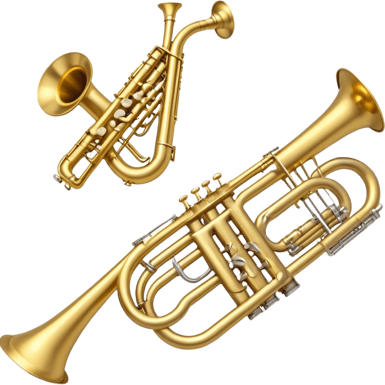 Create a simple and symbolic emoji collage representing wind instruments. Include a variety of iconic elements like the bell of a trumpet, the mouthpiece of a saxophone, and a subtle outline of a trombone. Arrange the elements in a dynamic and balanced way. Use warm metallic tones like gold, brass, and silver for the instruments, with a clean and minimalist design. The background should be transparent, focusing on the shapes and silhouettes of the instruments to convey their essence without excessive detail. emoji