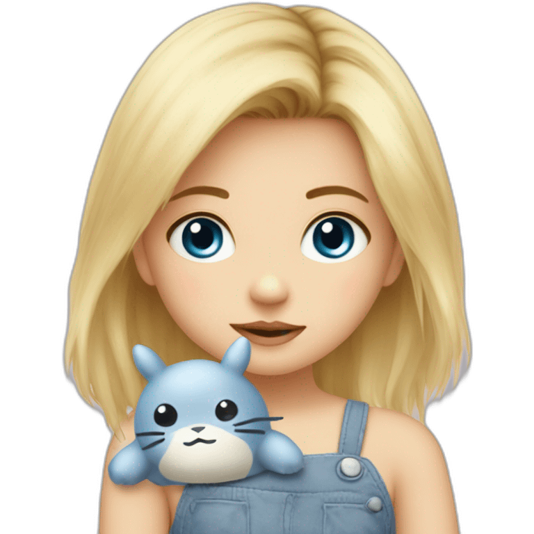 bébé fille blonde décoiffée aux yeux bleus avec une peluche Totoro  emoji