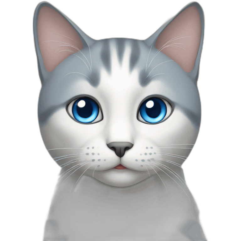 A grey and white  cat has a blue eye emoji