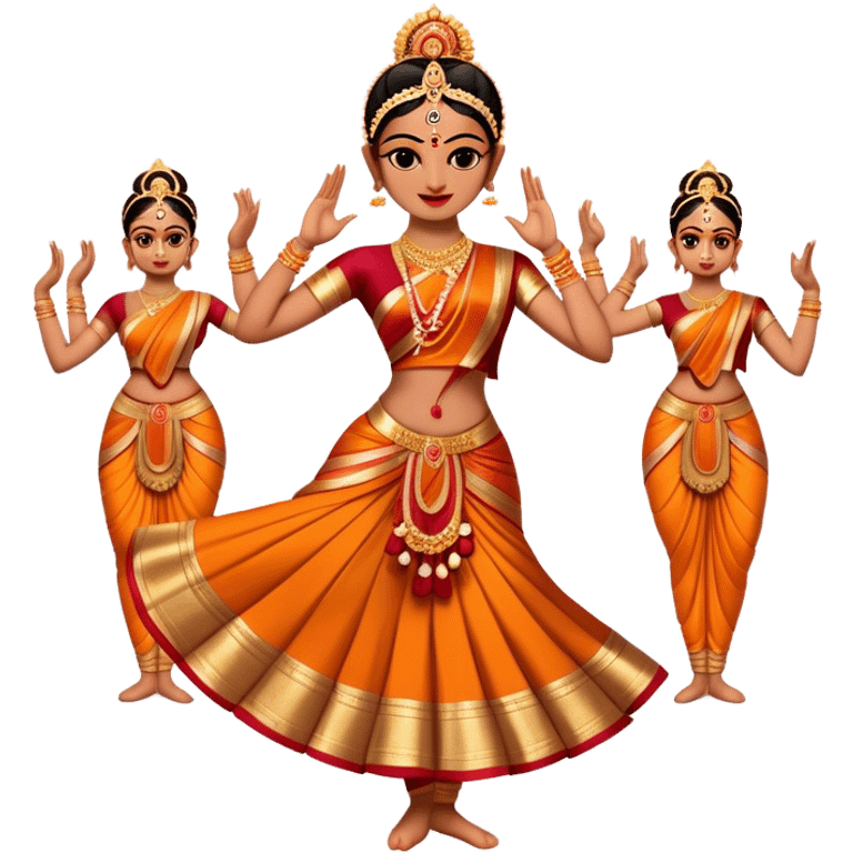 Cinematic Realistic Bharatanatyam Dance Emoji, depicted as an elegant classical Indian dance performance with graceful poses, intricate costumes, and expressive hand gestures, rendered with rich textures and warm dramatic lighting that captures its timeless beauty. emoji