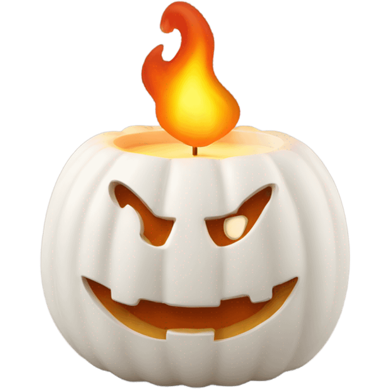 White cozy pumpkin candle with lid off on fire emoji